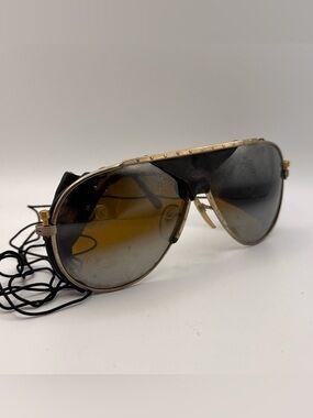 True Aviator 70s Shield Sunglasses - Gold Frame Brown Gradient Lenses Leather